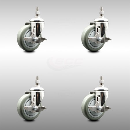 Service Caster 4 Inch 316SS Gray Polyurethane Swivel 1/2 Inch Threaded Stem Caster Set Brake SCC SCC-SS316TS20S414-PPUB-TLB-121315-4